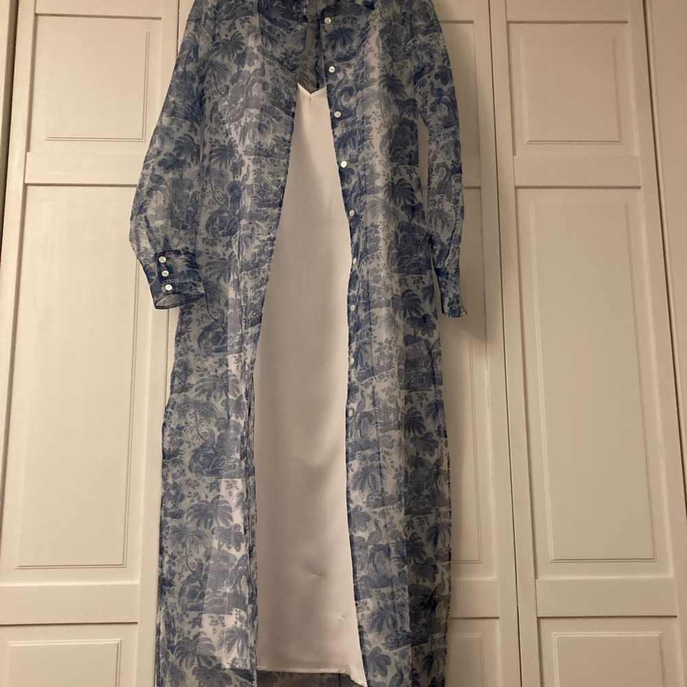 Stylish STAUD blue and white toile patterned tunic coat and slip dress